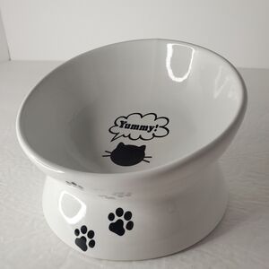 Porcelain Cat Bowl Raised Pedestal Water Feeder Cats Paw Print Yum Angled Plate